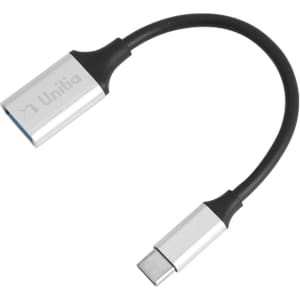 A silver and black USB 3.0 to USB C OTG adapter with a flexible design, featuring a logo.