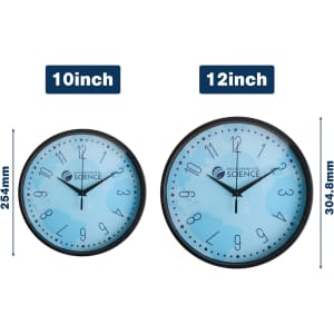 Two round wall clocks in different sizes, featuring a light blue face and a black frame. Each clock has numbers marked.