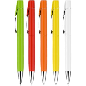 A collection of five pens in green, red, orange, yellow, and white, each with a silver clip and tip.