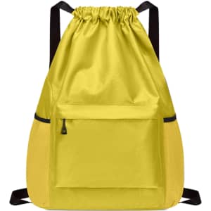 A yellow multi-pocket drawstring backpack with a front zip pocket and black straps. It has a logo on it.