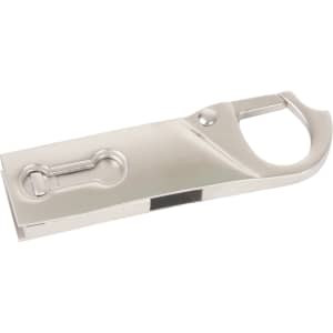 A silver clip lock flash drive with a carabiner-style design, featuring a metallic finish and a simple logo.