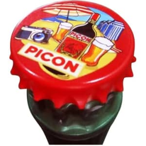 A drink bottle with a decorative red bottle cap featuring a retro design and branding, showcasing beverages and a camera.