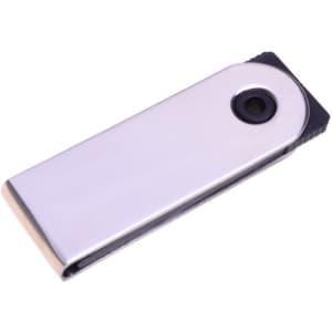 A sleek silver flash drive with a black end, featuring a small hole for attachment. Includes a logo on its surface.