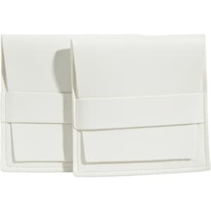 A white PU leather flip pouch with a secure closure and a minimalist design, featuring logos on the front.
