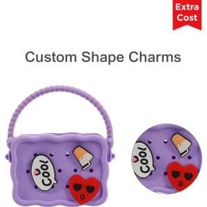 A purple silicone bag featuring custom shape charms, with a handle and multiple holes for design.
