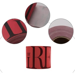 A roll of water activated gummed kraft paper tape in red, featuring a black logo design.