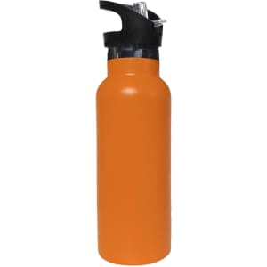 A drink bottle in vibrant orange with a black flip valve lid and a logo on the body.