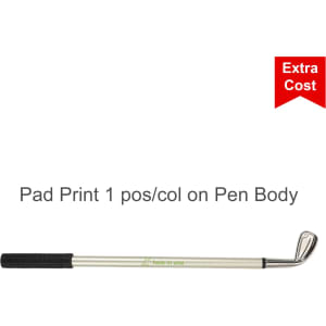 A golf club-shaped pen with a black grip and metallic silver finish, featuring a logo.