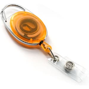 An orange retractable oval card holder with a clear ID attachment and a metal clip.