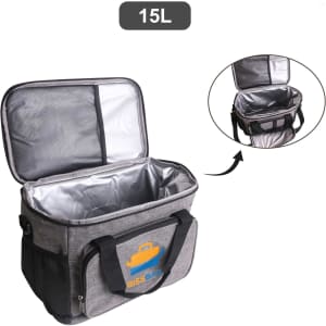 A grey cooler bag with a silver interior, featuring a logo and a zippered opening. It has handles for easy carrying.