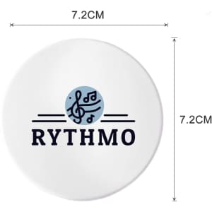 A round mirror featuring a logo with musical notes, in white, measuring 7.2 cm in diameter.