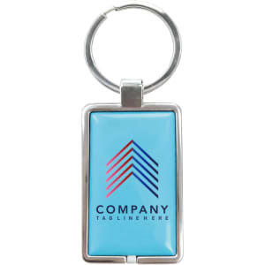 A rectangular blue epoxy tag with a metal keyring, featuring a logo design.