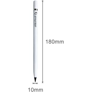 A white pencil with a sleek design, featuring a fine tip and measuring 180mm in length and 10mm in diameter. It has a logo.