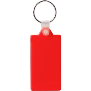 A red rectangular hard plastic keyring with a silver metal keyring attachment. It features a logo on one side.