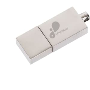 A silver flash drive with a metallic finish and a logo on its surface, featuring a sliding design.