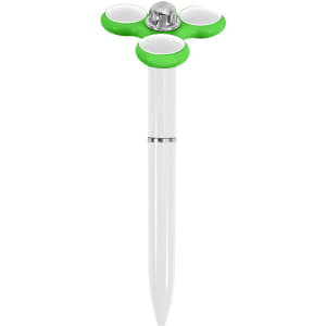 A fidget pen with a white body and green spinner design at the top, featuring a silver detailing.