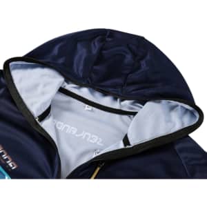 A navy hooded jacket made of 100% polyester, featuring a lined interior and a logo on the front.