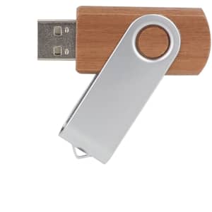 A metal swivel wooden flash drive featuring a silver swivel and a wooden body. It has a logo on the surface.