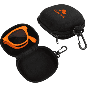 A black zippered case containing orange folding sunglasses, with a carabiner attached for easy carrying.