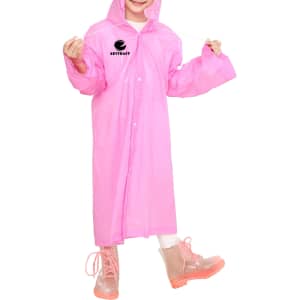 A pink reusable raincoat with a hood, featuring a logo, worn by a child. The child is also wearing transparent boots.