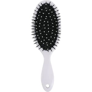 A white-handled hair brush with a black bristle pad and white bristles, featuring a logo on the handle.