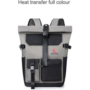 A roll top backpack in grey and black, featuring multiple pockets and adjustable straps, with a logo on the front.