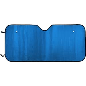 A blue bubble aluminium car sunshade with a black trim and openings for securing it in place.