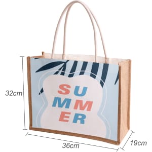 A canvas and jute tote bag in blue and beige, featuring a vibrant design with the word "SUMMER" and a logo.