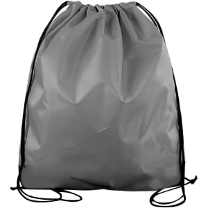 A grey polyester drawstring bag with black drawcords, featuring a simple design and a logo.