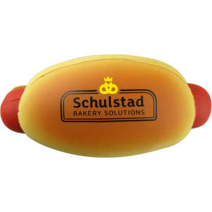 A hot dog shaped stress reliever in yellow with red ends, featuring a logo on top.