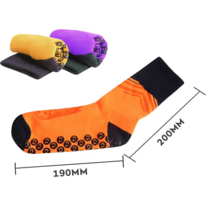 Colourful football socks featuring an orange design with a towel bottom and a gripper sole. Includes purple, yellow, and green pairs.