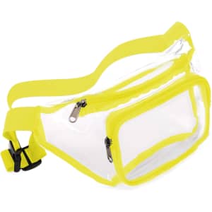 A transparent fanny pack with bright yellow accents and a zipper closure. It features an adjustable strap and a logo.
