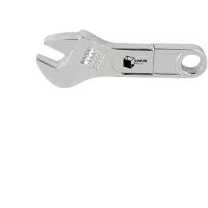 A metallic spanner-shaped flash drive with a logo displayed on its side.