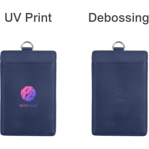A navy PU leather card holder featuring a logo, with options for UV print and debossing.