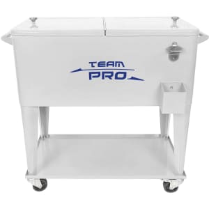 A white cooler box trolley with a lid, featuring a branding logo and wheels for easy mobility.