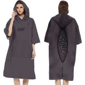 A hooded change towel made of 100% microfibre in grey, featuring a logo on the front and back.