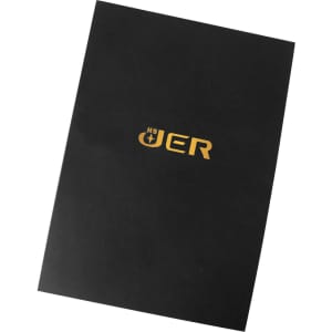 A4 presentation folder in black with a gold logo on the front. Sleek design suitable for professional use.