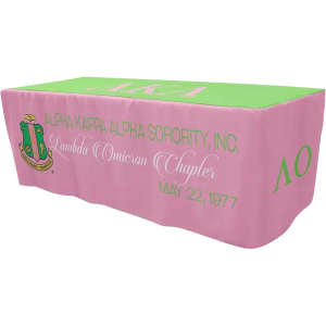A pink and green 4-side fitted table cloth featuring a logo and text for Alpha Kappa Alpha Sorority, Lambda Omicron Chapter.