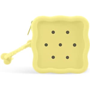 A yellow square silicone pouch with six holes and a braided zip pull, featuring a logo.