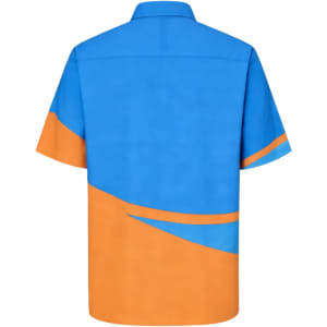 A short-sleeved men's shirt in vibrant blue and orange with a colourful abstract design at the back. It features a logo.