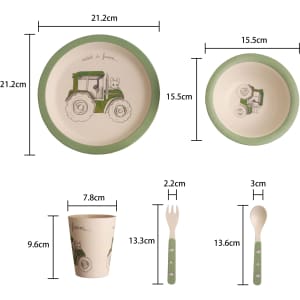 Bamboo fibre tableware set featuring a green rim, includes a plate, bowl, cup, fork, and spoon with tractor design.