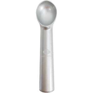 A silver ice cream scoop with a smooth, rounded bowl and a long handle, featuring a logo.