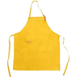 A yellow poly-cotton canvas bib apron with a neck strap and a front pocket. It features a logo.