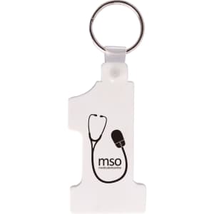 A white keyring shaped like the number one, featuring a logo and a silver keyring attachment.