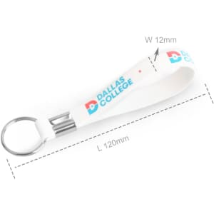 A white silicone key ring with a key loop, featuring a logo in blue and red. Dimensions: 120mm long, 12mm wide.