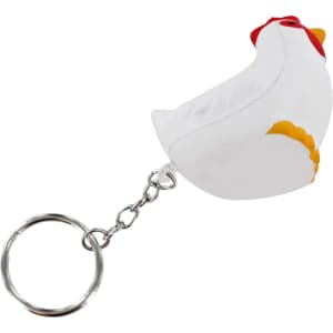A white rooster stress reliever keyring attached to a metal chain. It features red and yellow details.