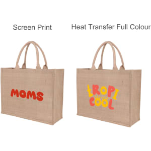 A natural jute tote bag in light brown with two distinct printed designs and dual handles. It features a logo.