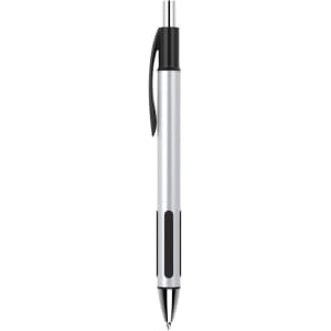 A silver plastic pen with a black grip and clip. The pen features a sleek, modern design and has a logo.