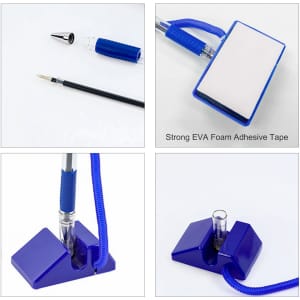 A blue fixed signature pen with a triangular stand and a white adhesive pad. Includes a retractable pen tip.