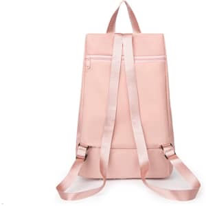 A pink backpack with straps and a handle, featuring a zippered back pocket and a simple design.
